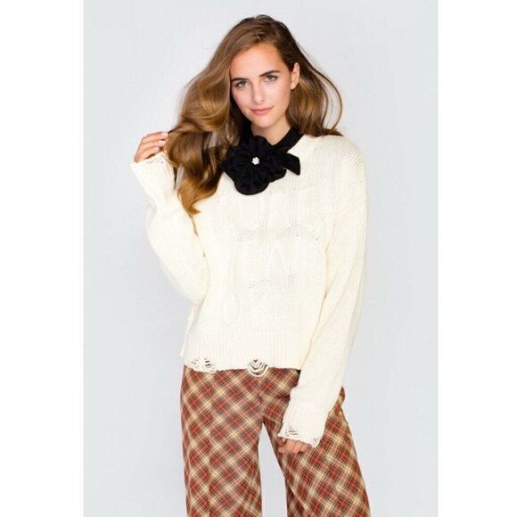 NWT WILDFOX Sz M SURE YEAH OK DISTRESSED PULLOVER SWEATER IN LATTE CREAM IVORY - Picture 5 of 12